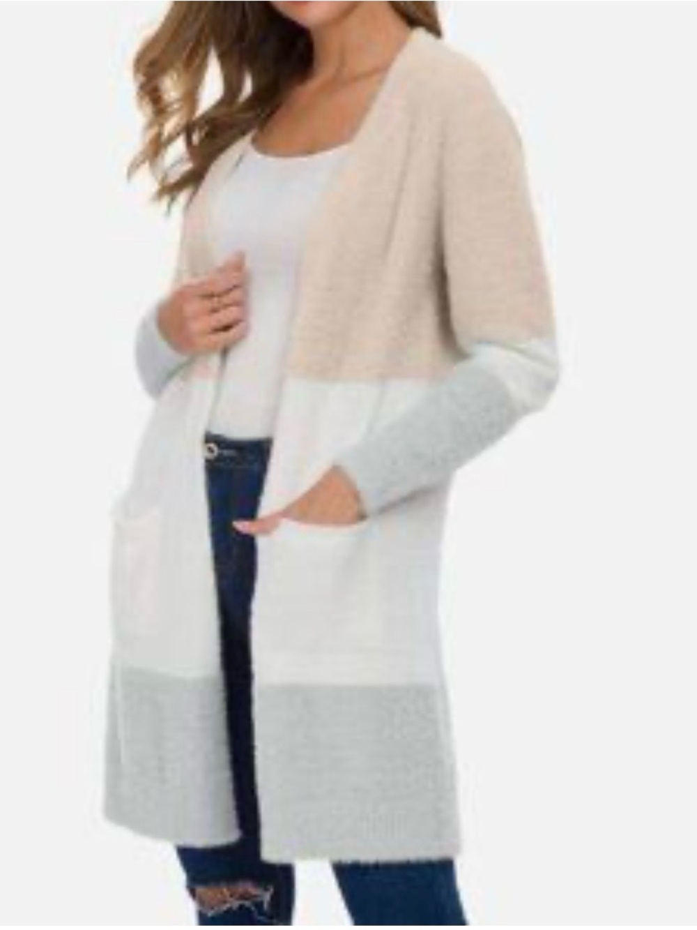 Colorblock Open-Front Long Cardigan in Beige, White & Gray